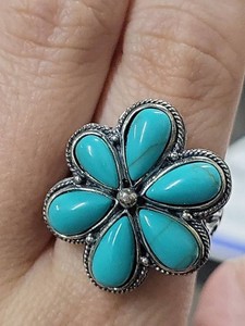 Sterling Silver Turquoise Flower Cluster Ring Filigree Size 9.25