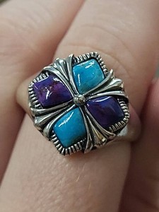 Southwestern Sterling Silver Turquoise Inlay Cross Ring Size 9