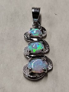 Sterling Silver Triple Opal Pendant Scroll Design Oval Cabochons