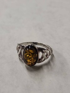 Sterling Silver Celtic Green Amber Ring Size 9 Oval Cabochon