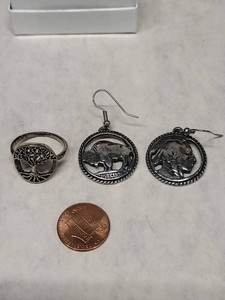 Sterling Silver Tree Ring & Buffalo Nickel Style Dangle Earrings