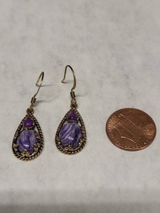 Thailand Teardrop Dangle Earrings Purple Cabochon Gold Tone Pair