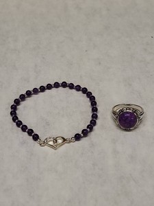 Sterling Silver Purple Stone Ring & Beaded Bracelet Jewelry Set