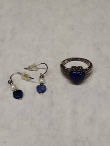 NK 925 Sodalite Heart Ring & Matching Pearl Drop Earrings Set