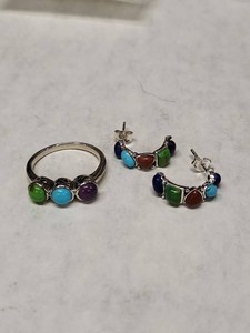 Sterling Silver Tricolor Ring Size 9 & Half Hoop Earrings Set