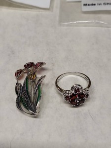 Sterling Silver Jewelry Lot Enamel Tulip Pin Garnet Cluster Ring