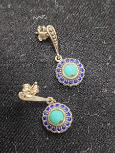 Sterling Silver Turquoise Lapis Drop Earrings Round Beaded Halo