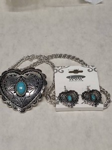 Icon Collection Heart Concho Necklace & Earring Set Faux Turquoise