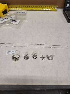 Sterling Silver Beach Jewelry Set NOS Chain Ring Earrings Starfish Crab
