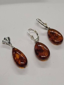 Sterling Silver Genuine Amber Pendant & Drop Earrings Jewelry Set