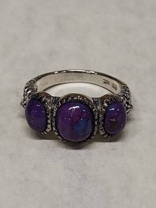 Sterling Silver 925 Three Stone Purple Cabochon Ring Size 9