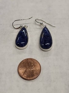 Unmarked Sodalite-Style Teardrop Dangle Earrings Silver Tone Pair