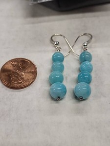 Blue Beaded Dangle Earrings Silver Tone Fishhook Pair Amazonite Style