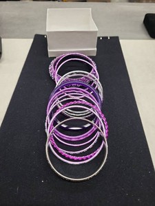 Purple Pink Silver Tone Bangle Bracelet Set Mixed Fashion Jewelry