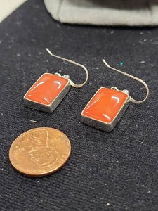 Rectangular Orange Cabochon Dangle Earrings Silver Tone Pair