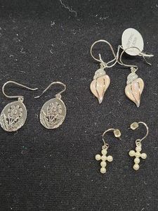 Lot of Sterling Silver Dangle Earrings Daisy Cross Shell Thailand