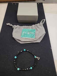 Jay King Turquoise Black Faceted Bead Stretch Bracelet w Pouch Box
