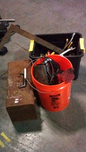 tools, tool box, home depot bucket, and tote