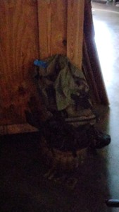 green bag and tan plant pot