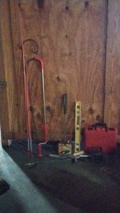 garage tools and outdoor decorations