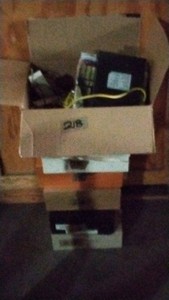 boxes of cables and shoes
