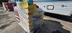Pallet of Assorted Plastic Storage Bins - Yellow, Blue & Teal