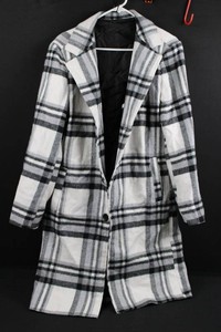 Womens Black, Gray & White Plaid Longline Coat - Size Small
