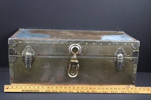Vintage Riveted Metal-Clad Storage Trunk With Leather Handle 30 x 13
