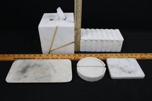 White Marble Bathroom Vanity Accessories With Brass Inlay (Lot of 5)