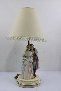 Vintage Porcelain Figural Couple Table Lamp With Lace Shade