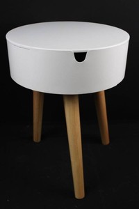 White Round Storage Stool With Wood-Tone Legs - 15.5 Diameter X 21 Height
