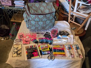 Craft Supplies including Rolling Case, Marvy DecoFabric Markers, Simply Spray Soft Fabric Paint, and Tulip Fabric Dye