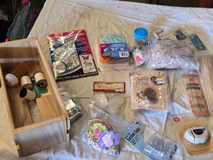 Lot of Craft Supplies including Stencils, Bamboo Skewers, Threads, and Beads