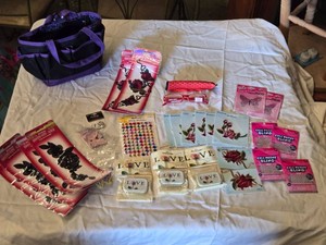 Lot of Craft Supplies including Iron-On Appliques, Bling Stickers, and Cinnamon Heart Mints