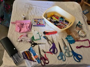 Crafting and Office Supply Lot including Hot Glue Gun, Pens, Scissors, Markers, and More