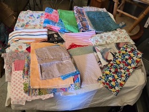 Lot of Various Fabric Pieces Including Floral, Striped, and Checkered Patterns Various Lengths and Sizes