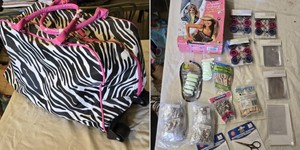 Collection of crafting and sewing supplies including BeDazzler Kit, Badge Holders, Rhinestone Nail Heads, Marbleized Scissors, and more