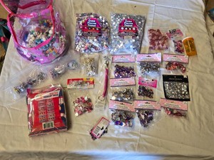 Lot of Craft Supplies including Gems, Beads, Friendship Thread, and Rhinestones