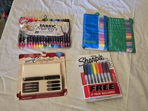 Sheaffer Calligraphy Set, Tulip Fabric Markers, Sharpie Permanents, Crayola Markers, and Sharpie Mini Markers