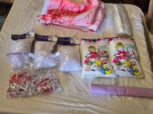 Lot of Crafting Supplies including Panacea Crystal Fill, Poly-Pellets, and Decorative Glass Gems