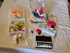 Sewing and Craft Supplies Lot including Mini Sewing Machine, Craft Knives, Threads, and Various Tools