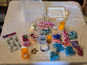 Lot of Craft Supplies Including Beads, Keychains, and Buttons
