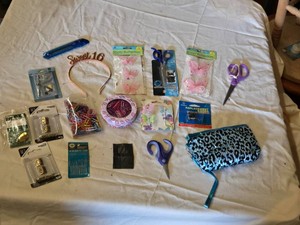 Lot of Various Household and Craft Items including Sweet 16 Headband, Paperclips, Sewing Needles, and Sheer Butterflies