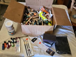 Lot of Craft Supplies including Epoxy Resin Colorants, Brushes, Paints, Sanding Blocks, and Accessories - All are partial and have been used