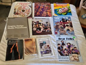Collection of Craft and Design Books including Christmas Crafts by Better Homes and Gardens, Patchwork Quilts Made Easy by Jean Wells, and Graphic Design Studio Procedures by David Gates