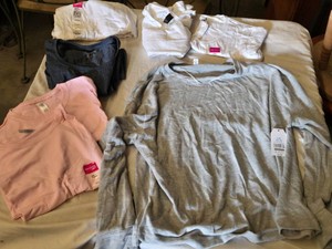 Lot of Ladies Clothing Items Including Gildan T-Shirts and Grey Pullover - Various Sizes