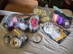Lot of Craft Supplies including Ribbon and Bow Maker, Gold and Colored Ribbons, and Accessories