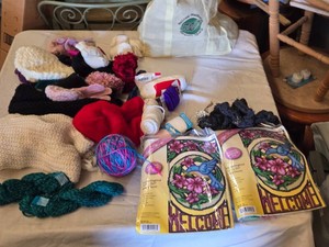 Lot of Craft Supplies including Design Works Hummingbird Wall Decor Kits, Various Yarn, and Winter Clothing Accessories