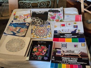 Coloring Books and Art Supplies including Relaxing Mandalas, Picture Etch Tattoo Art, and Primary Cardstock