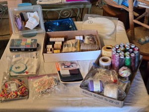 Lot of Sewing Materials including Threads, Embroidery Hoops, and Accessories
